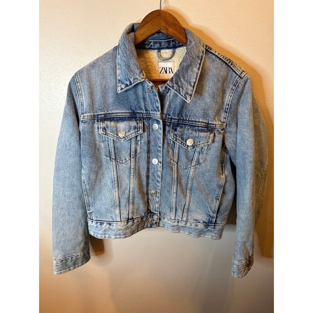 Zara Women’s Blue Sherpa-Lined Oversized Denim Trucker Jacket Size Large